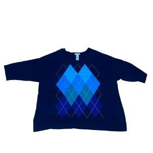 Catherines 1X 18/20 Pull Over Sweater Knit Top Blue Green Diamond Pattern